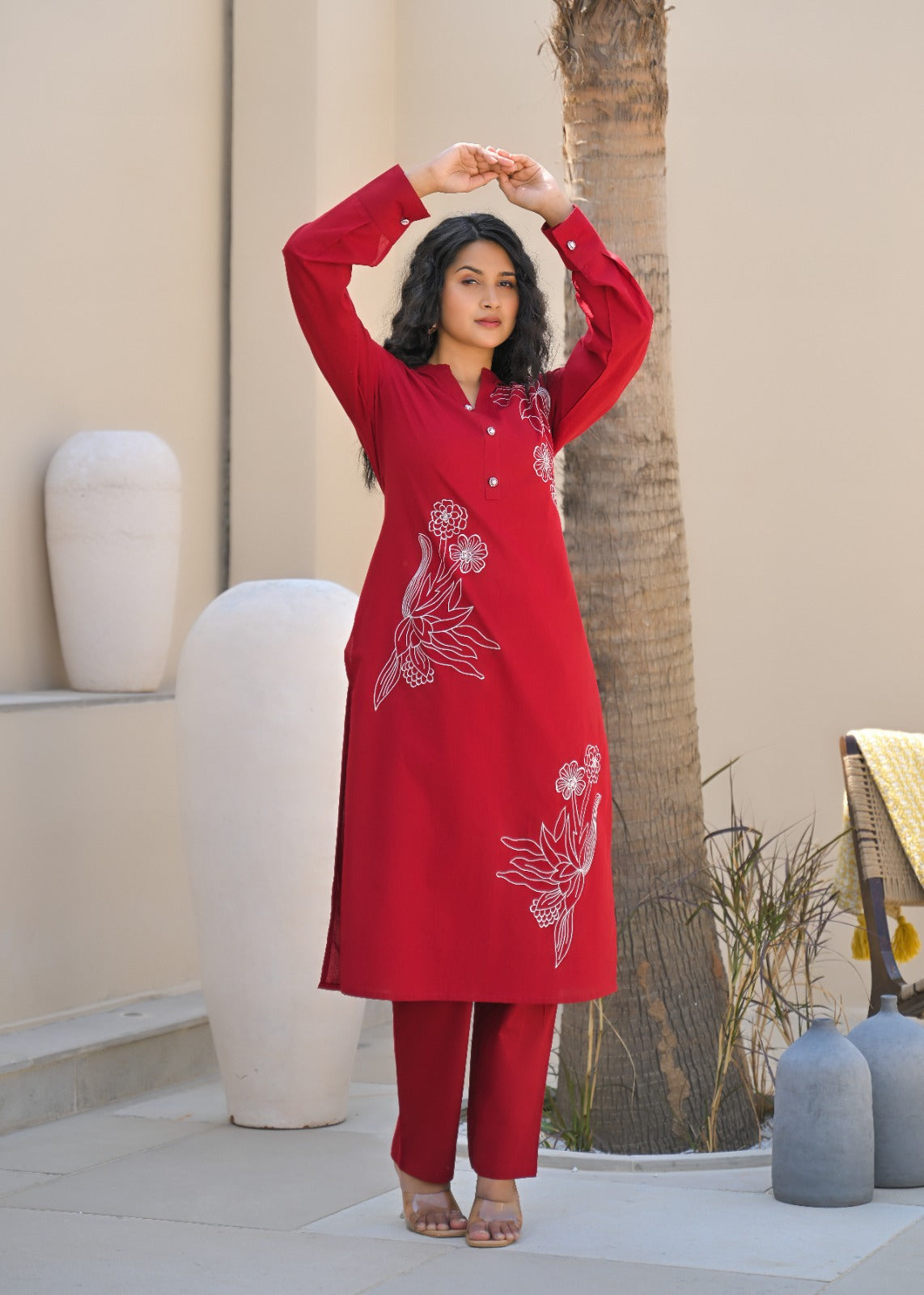 Red embroidered full sleeve V neck Cotton Kurti Pant set