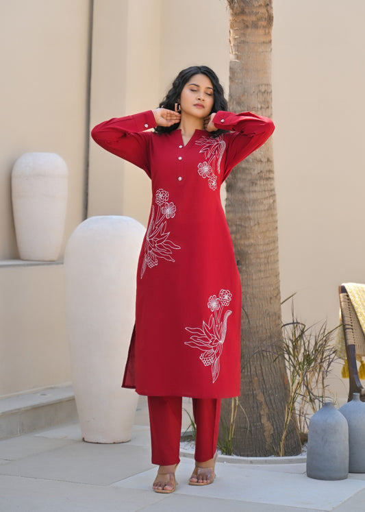 Red embroidered full sleeve V neck Cotton Kurti Pant set