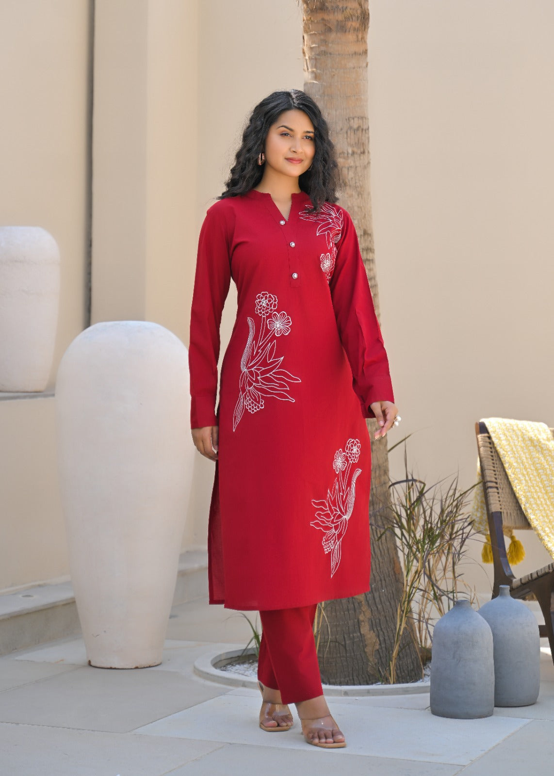 Red embroidered full sleeve V neck Cotton Kurti Pant set
