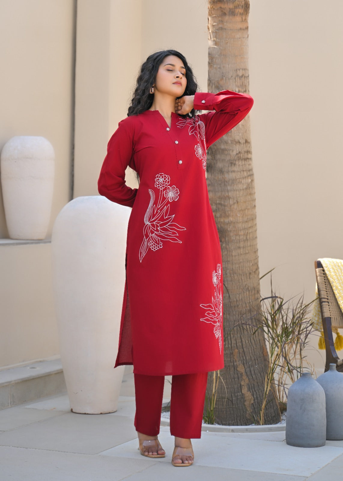 Red embroidered full sleeve V neck Cotton Kurti Pant set