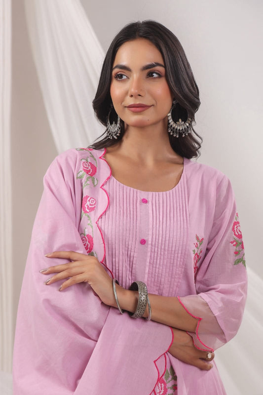 Mul Cotton Lace design floral Embroidered pink salwar suit