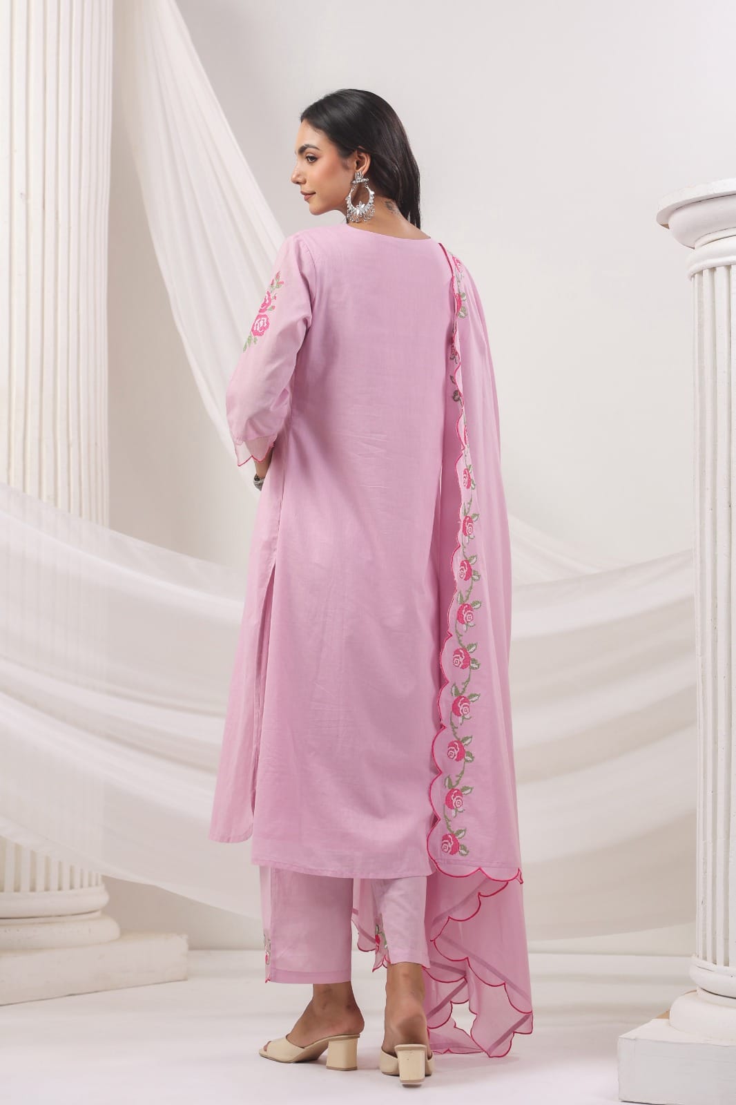 Mul Cotton Lace design floral Embroidered pink salwar suit