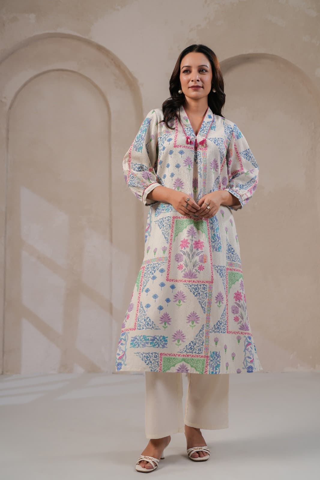Women’s Pastel Jaipuri print Cotton flex Kurti Pant set with pockets - Suit Set Kurti Pant Dupatta Set