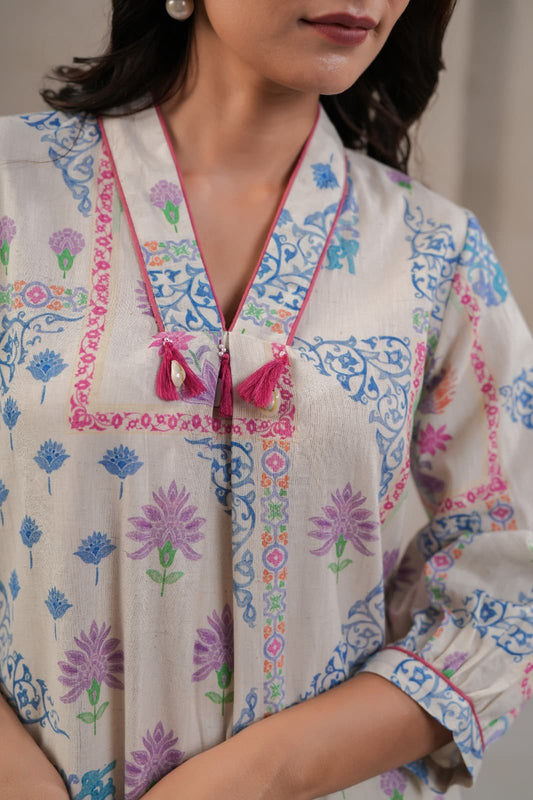 Womenโs Pastel Jaipuri print Cotton flex Kurti Pant set with pockets - Suit Set Kurti Pant Dupatta Set