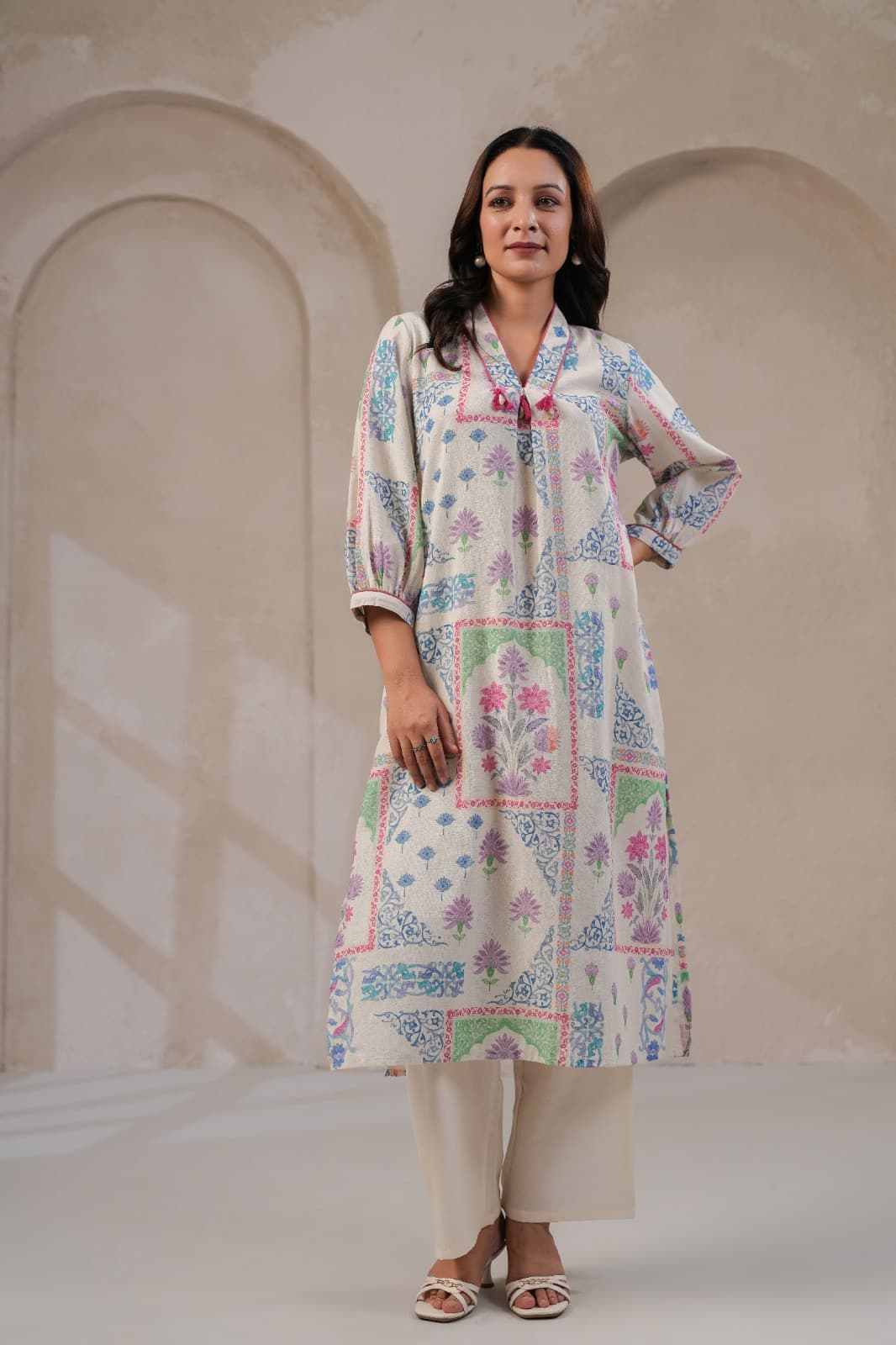 Women’s Pastel Jaipuri print Cotton flex Kurti Pant set with pockets - Suit Set Kurti Pant Dupatta Set