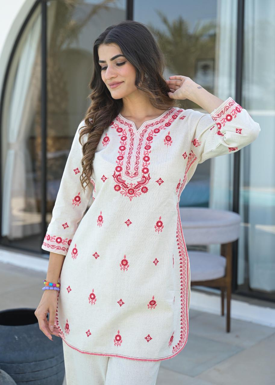 Mirror Work Emroidered Cotton Short Kurti Pant set - Coord Set for Women
