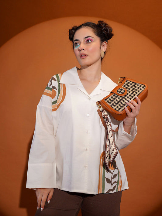 White Shirt Hand painted look and Drop shoulder pattern Cotton Poplin - shirt