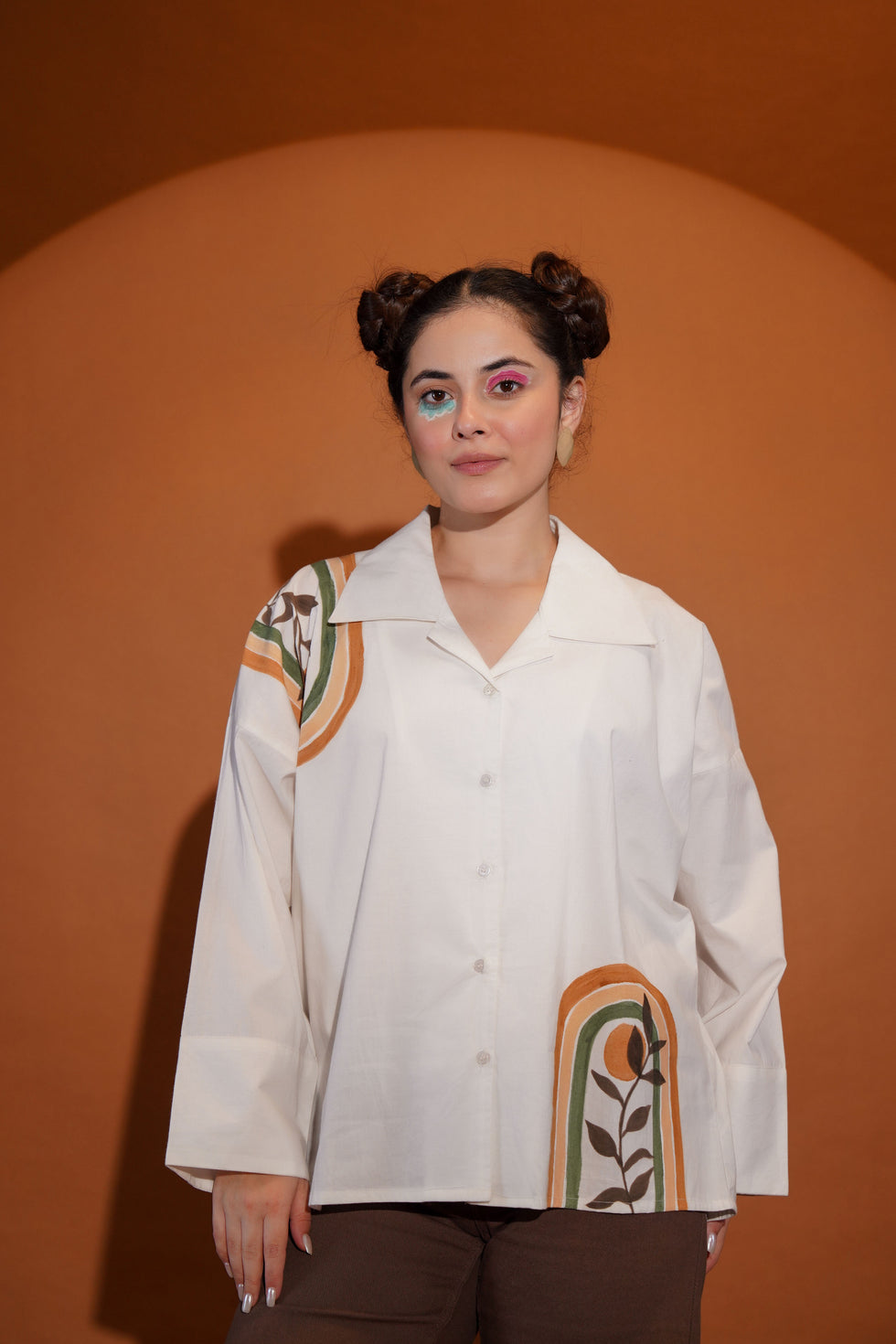 White Shirt Hand painted look and Drop shoulder pattern Cotton Poplin - shirt