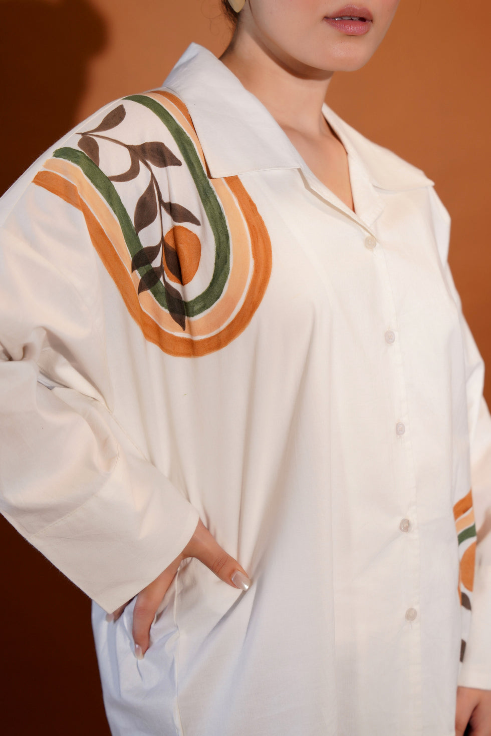 White Shirt Hand painted look and Drop shoulder pattern Cotton Poplin - shirt