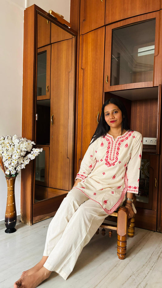 Mirror Work Emroidered Cotton Short Kurti Pant set - Coord Set for Women