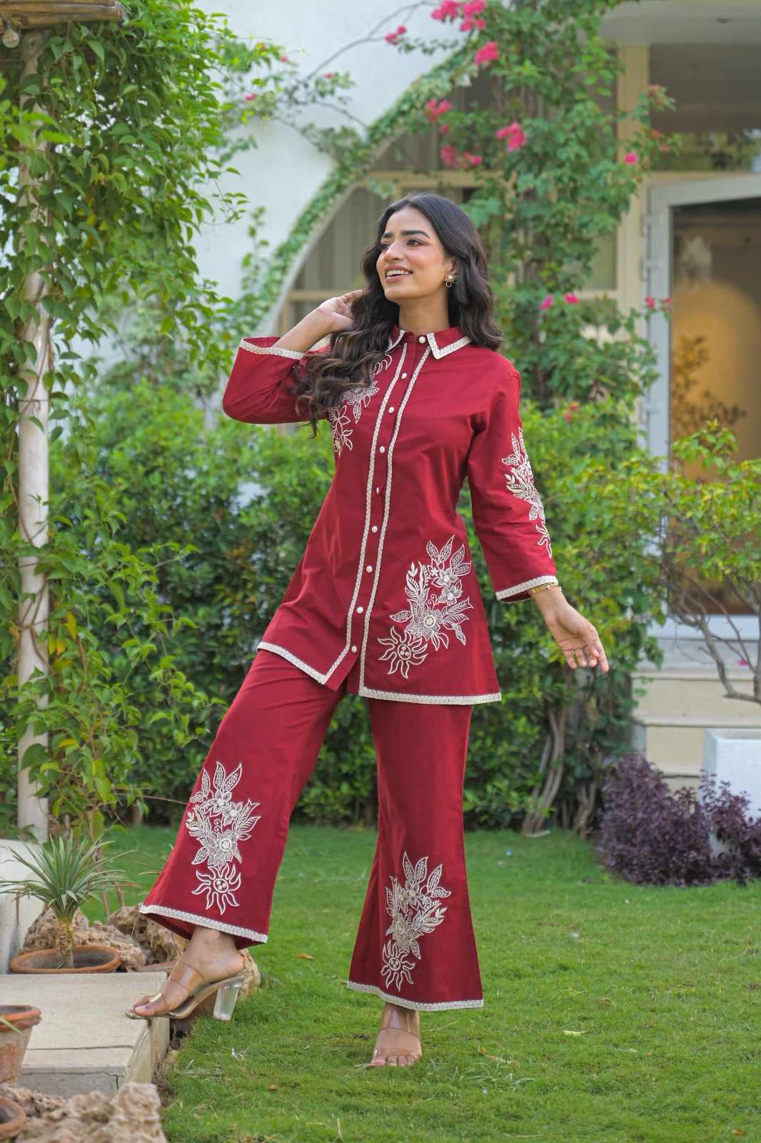Collared embroidered Co-ord set with two colour options Red and Blue
