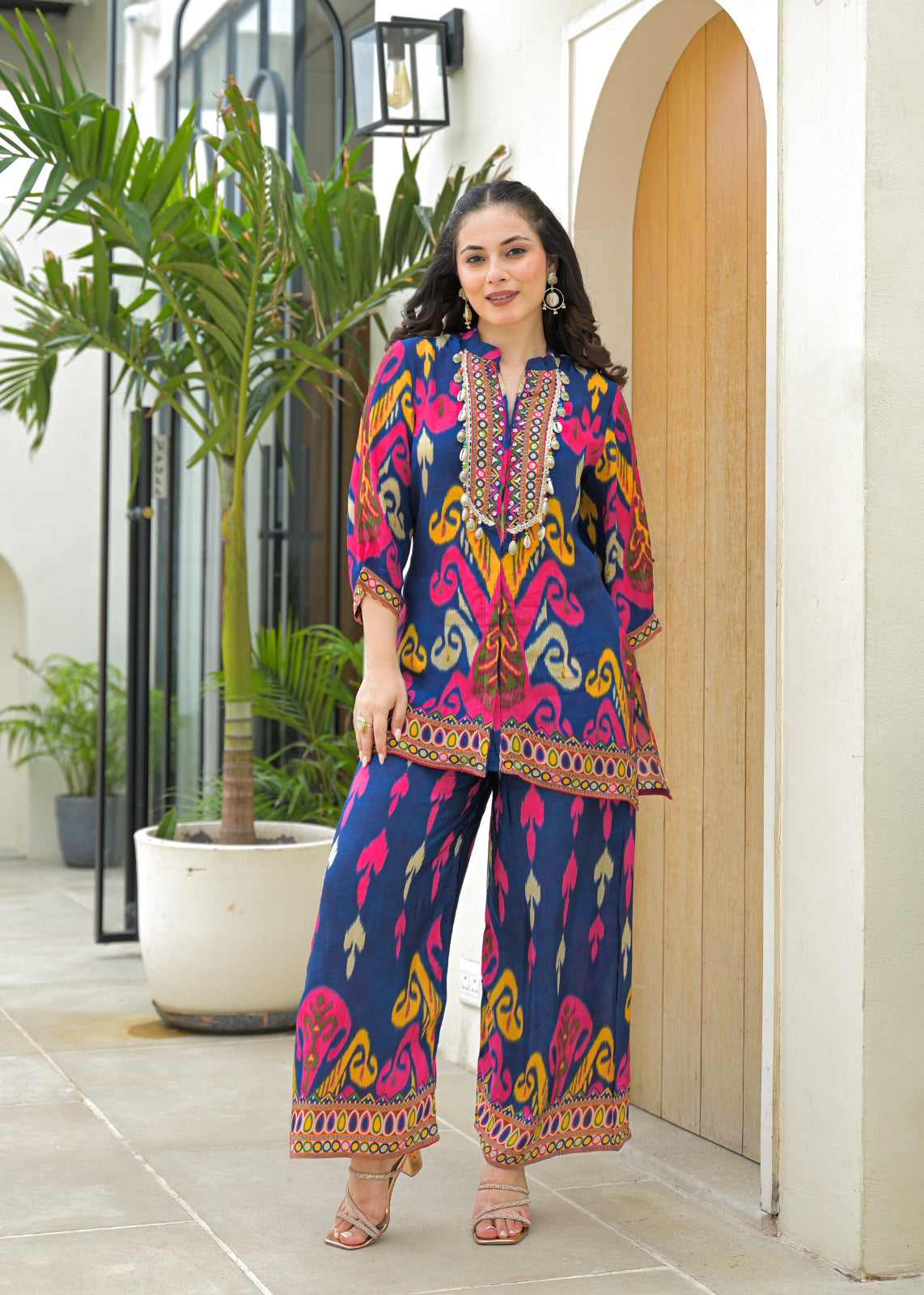 Blue Printed Beaded Short Kurti Styled Indo-western - Coord Set for Women