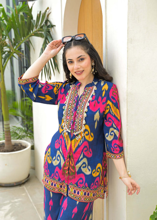 Blue Printed Beaded Short Kurti Styled Indo-western - Coord Set for Women