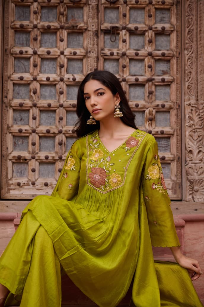 Green Mul Chanderi Kurta Pant Set