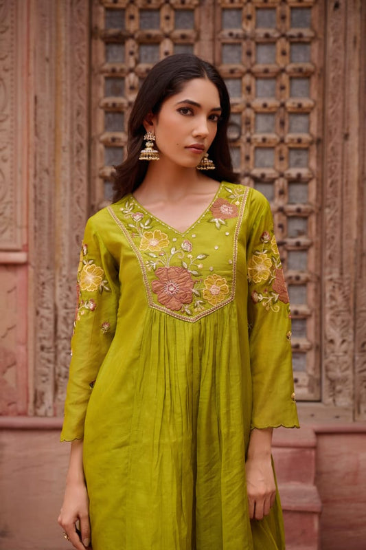 Green Mul Chanderi Kurta Pant Set