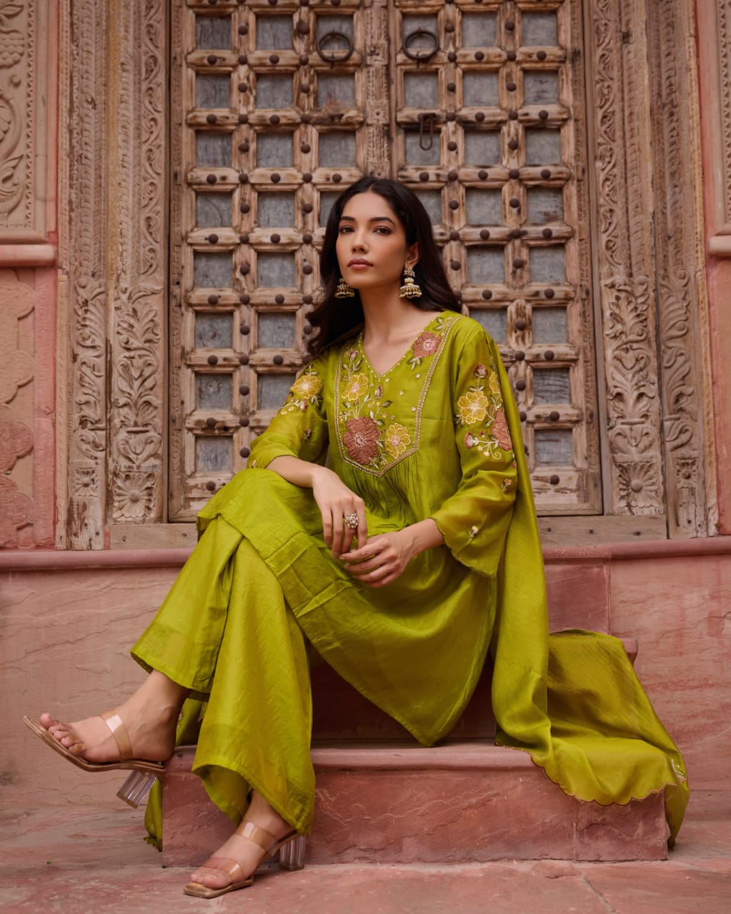 Green Mul Chanderi Kurta Pant Set