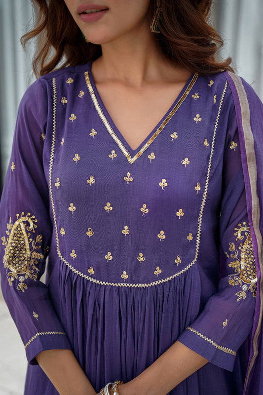 Purple Mul Chanderi Kurta Pant Dupatta Set