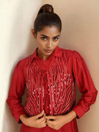 Maroon Sequin Partywear Waistcoat Co-Ord set - Coord Set for Women