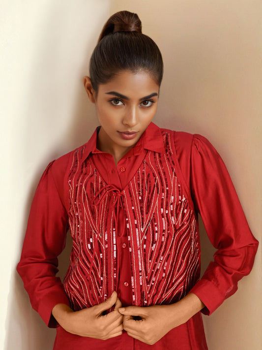 Maroon Sequin Partywear Waistcoat Co-Ord set