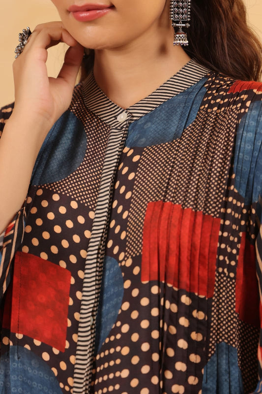 Geometric Printed Pintuck Muslin Kurta Pant Set