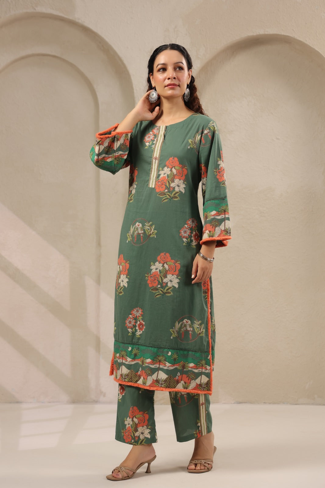 Earthy Green Cotton Printed Kurta Pant Set