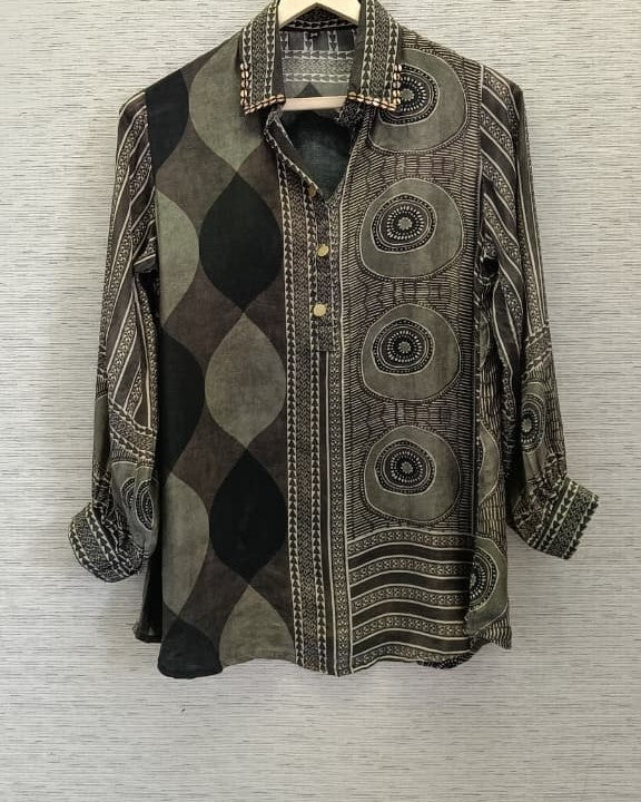 Grey Ajrakh Printed Indo-Western Crepe Shirt Top