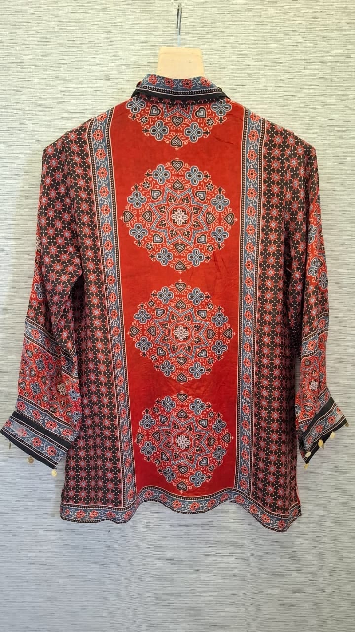 Stripe Red Ajrakh Printed Indo-Western Crepe Shirt Top