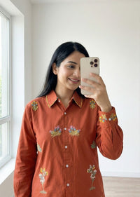 Brown Floral Mul Cotton embroidered Co-Ord set