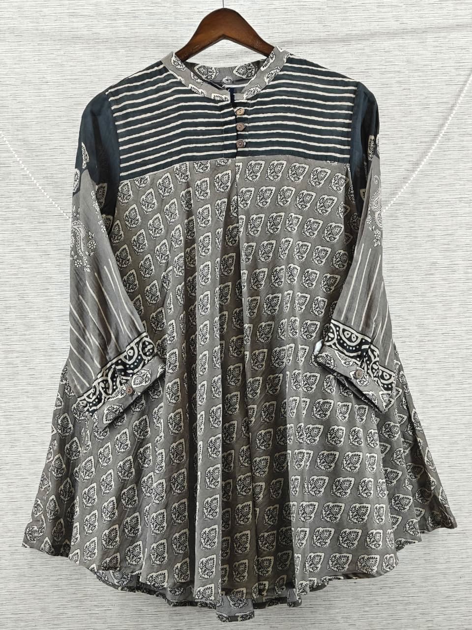 Grey & Black Stripe and Ajrakh Inspired Mul Chanderi Short Kurti for Women