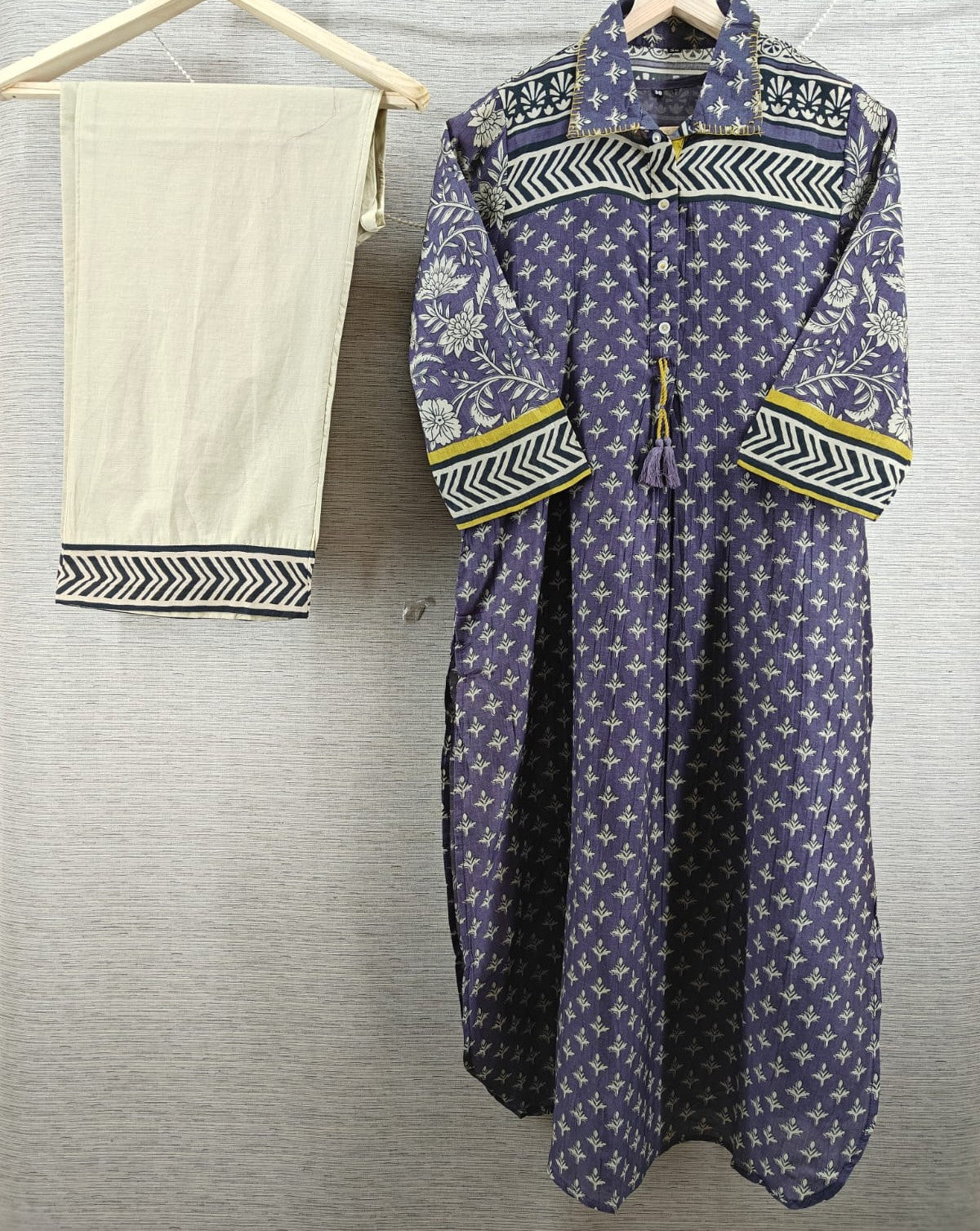 Blue Grey Mul Chanderi Kurti Pant set