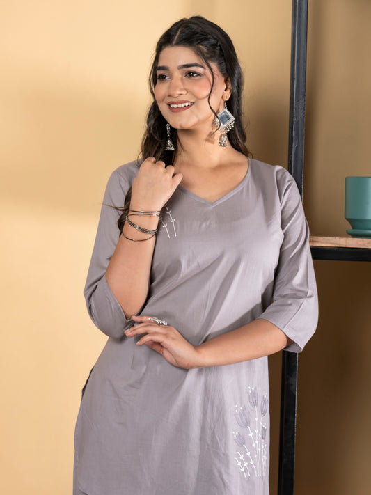 Grey Cotton Coordset Embroidered Loungewear for women