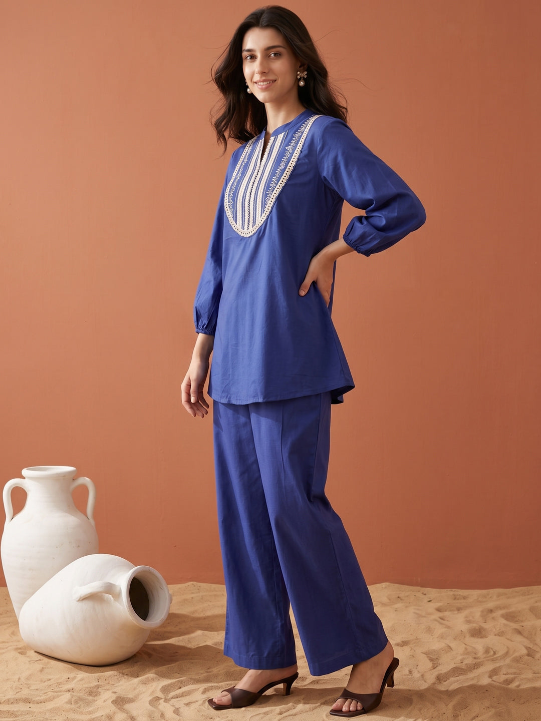 Blue Embroidered Short Kurti Pant Set for Women – Cotton Co-Ord