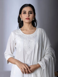 White Embroidered Kurta Pant Dupatta set - Suit Set Kurti Pant Dupatta Set