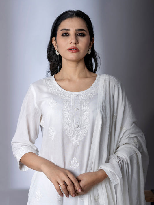 White Embroidered Kurta Pant Dupatta set - Suit Set Kurti Pant Dupatta Set