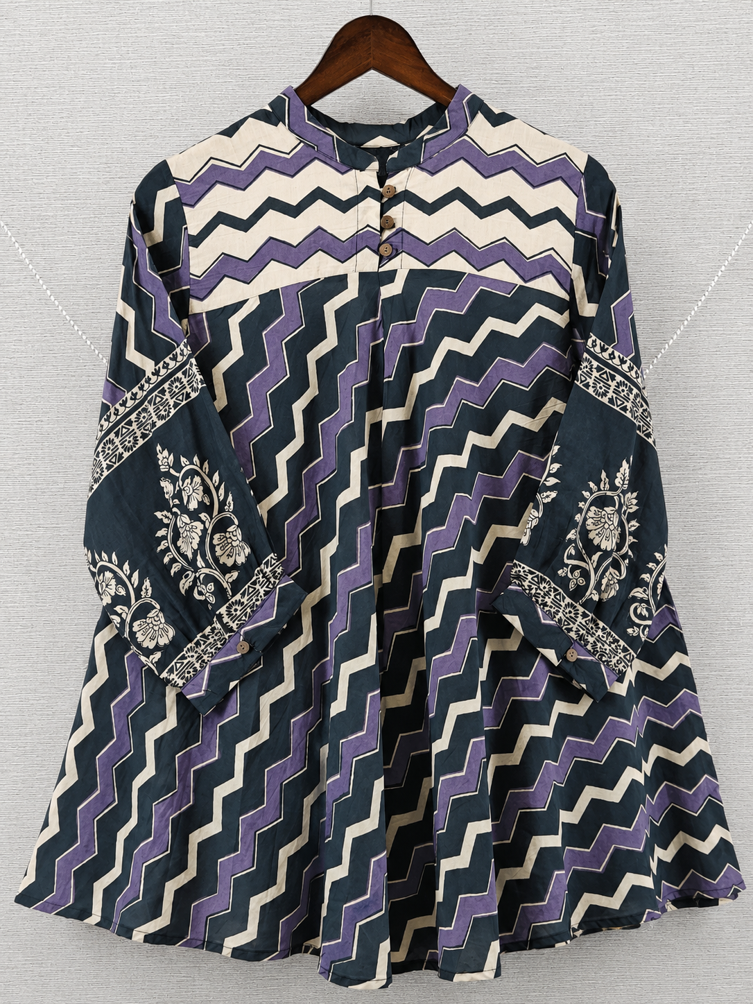 Purple & Black Chevron Mul Chanderi Short Kurti for Women