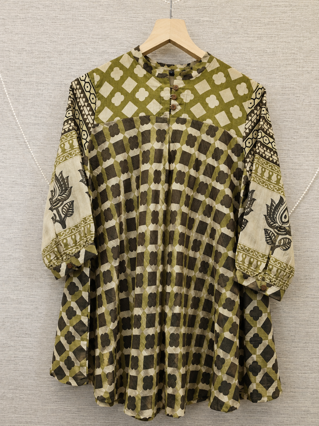 Olive Green Geometric Print Mul Chanderi A-Line Kurti