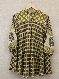 Olive Green Geometric Print Mul Chanderi A-Line Kurti