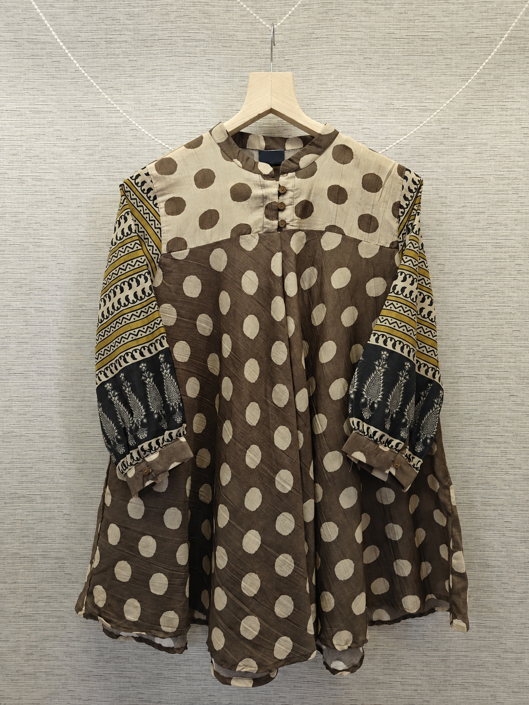 Brown beige Polka Dot Print Fusion A-Line Kurti