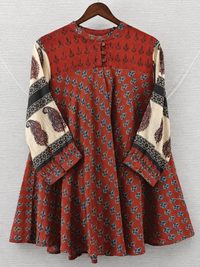 Red beige ajrakh inspired Mul Chanderi Short Kurti for Women