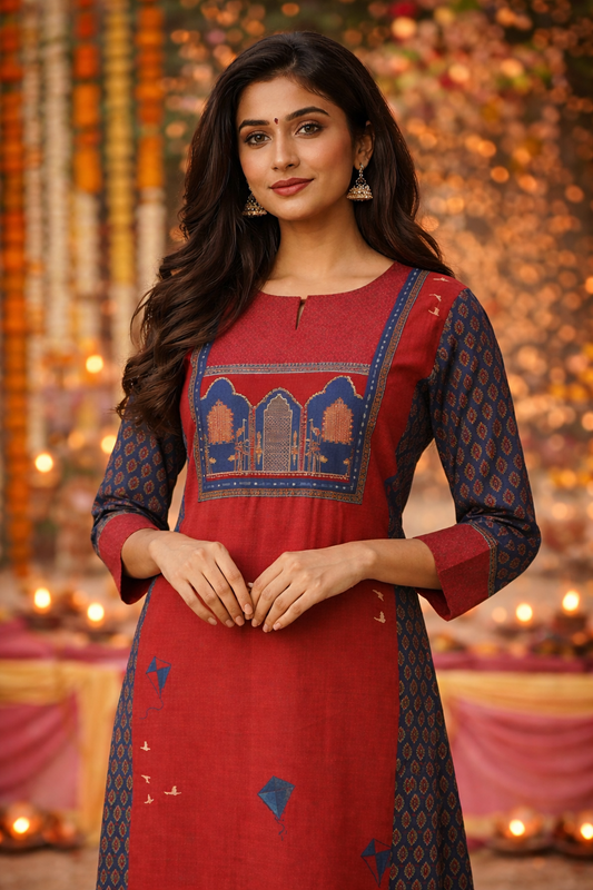 Rust Kite Motif Printed Cotton Kurta Pant Set