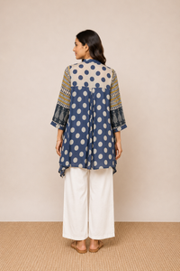 Blue beige Polka Dot Print Fusion A-Line Kurti