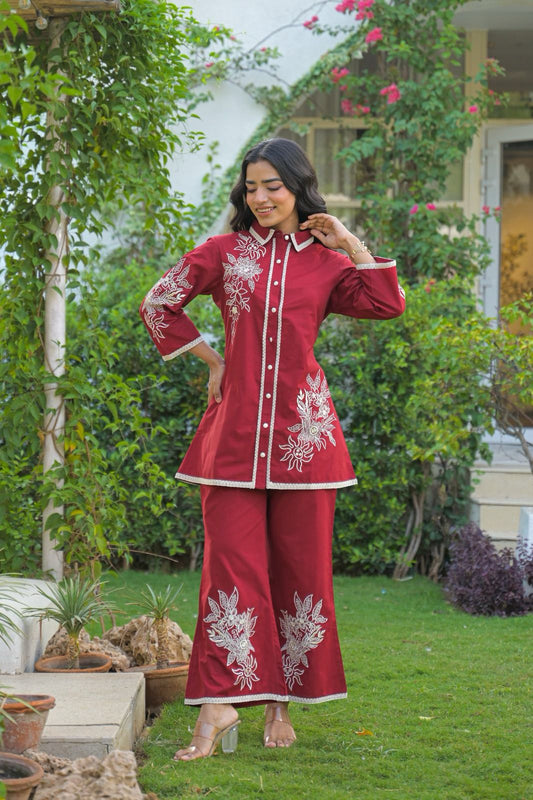 Collared embroidered Co-ord set with two colour options Red and Blue