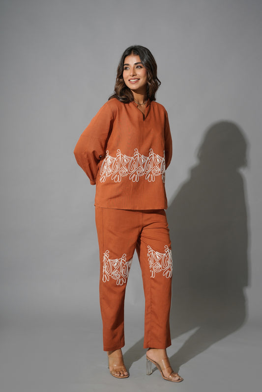Rust Cotton Embroidered Co-Ord Set