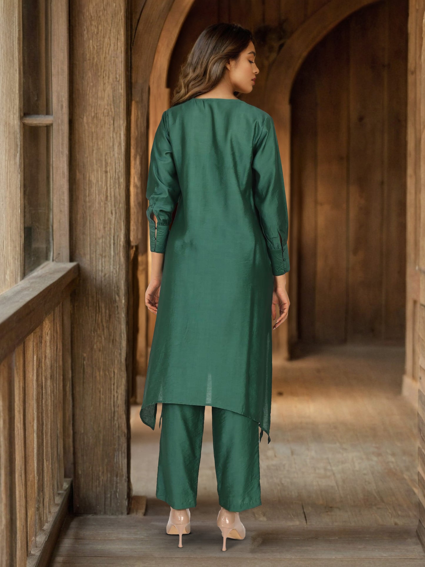 Green Zari Embroidery Asymmetrical Kurta Pant set