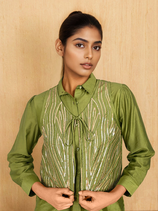 Green Sequin Partywear Waistcoat Co-Ord set