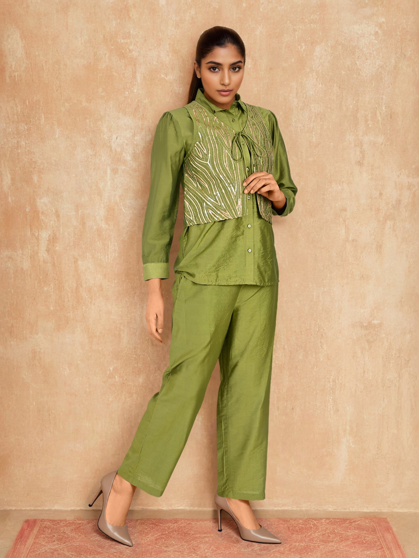 Green Sequin Partywear Waistcoat Co-Ord set