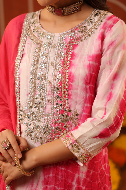 Pink Shibori Sharara Set - Suit Set Kurti Pant Dupatta Set