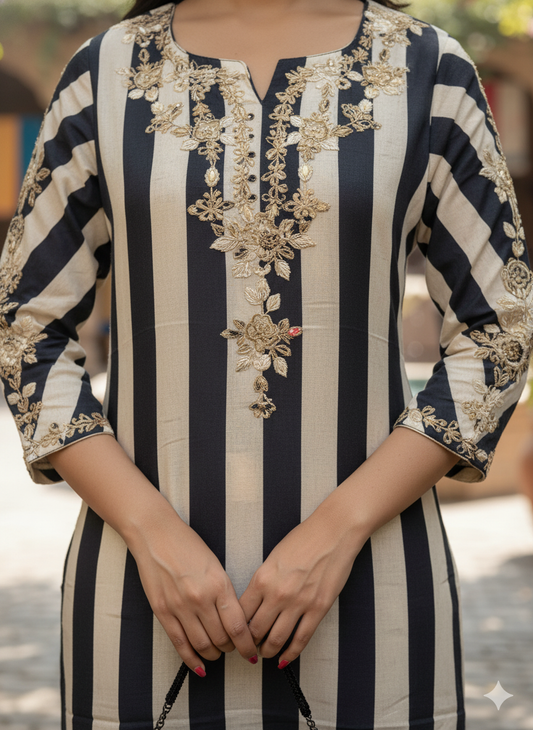 BLACK AND WHITE STRIPE MIRROR WORK KURTA SET