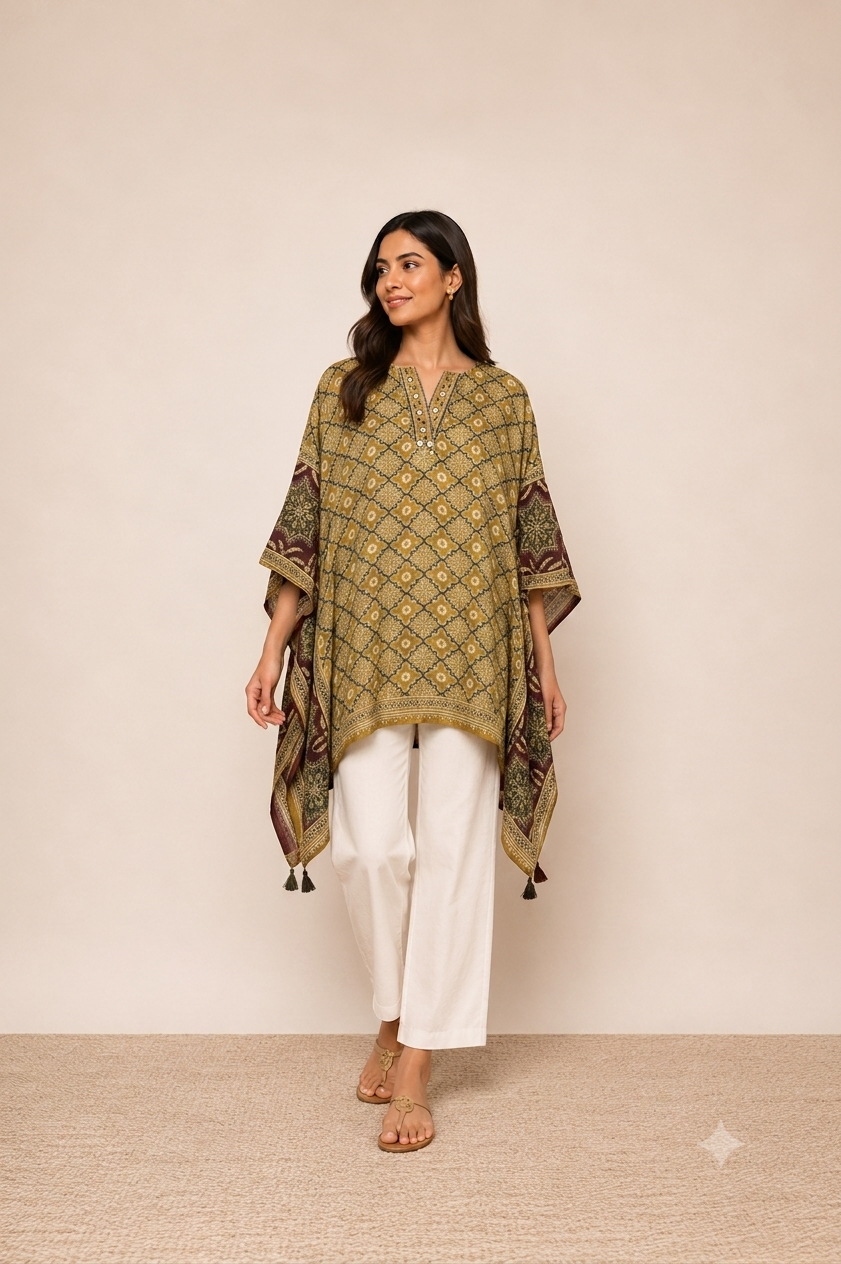 Yellow Ajrakh Inspired Fusion Kaftan Top