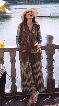 Ajrakh Inspired Ethnic Print Cotton Short Kurti with Striped Pants